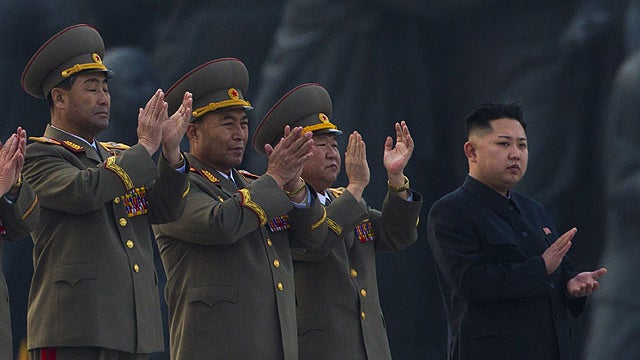 North Korean leader Kim Jong Un, far right, applauds with senior military officials at an unveiling ceremony for statues of the late leaders Kim Il Sung and Kim Jong Il in Pyongyang, North Korea, April 13, 2012.  