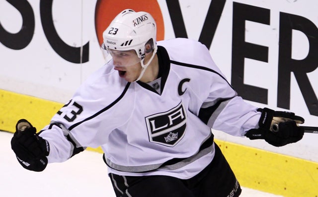 Dustin Brown celebrates his third goal of the night  