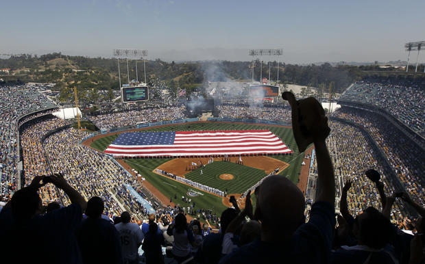Los Angeles Dodgers fans cheer during opening day celebration 