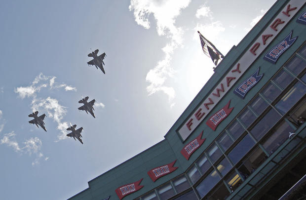 Fighter jets from the Vermont Air National Guard fly over Fenway Park 