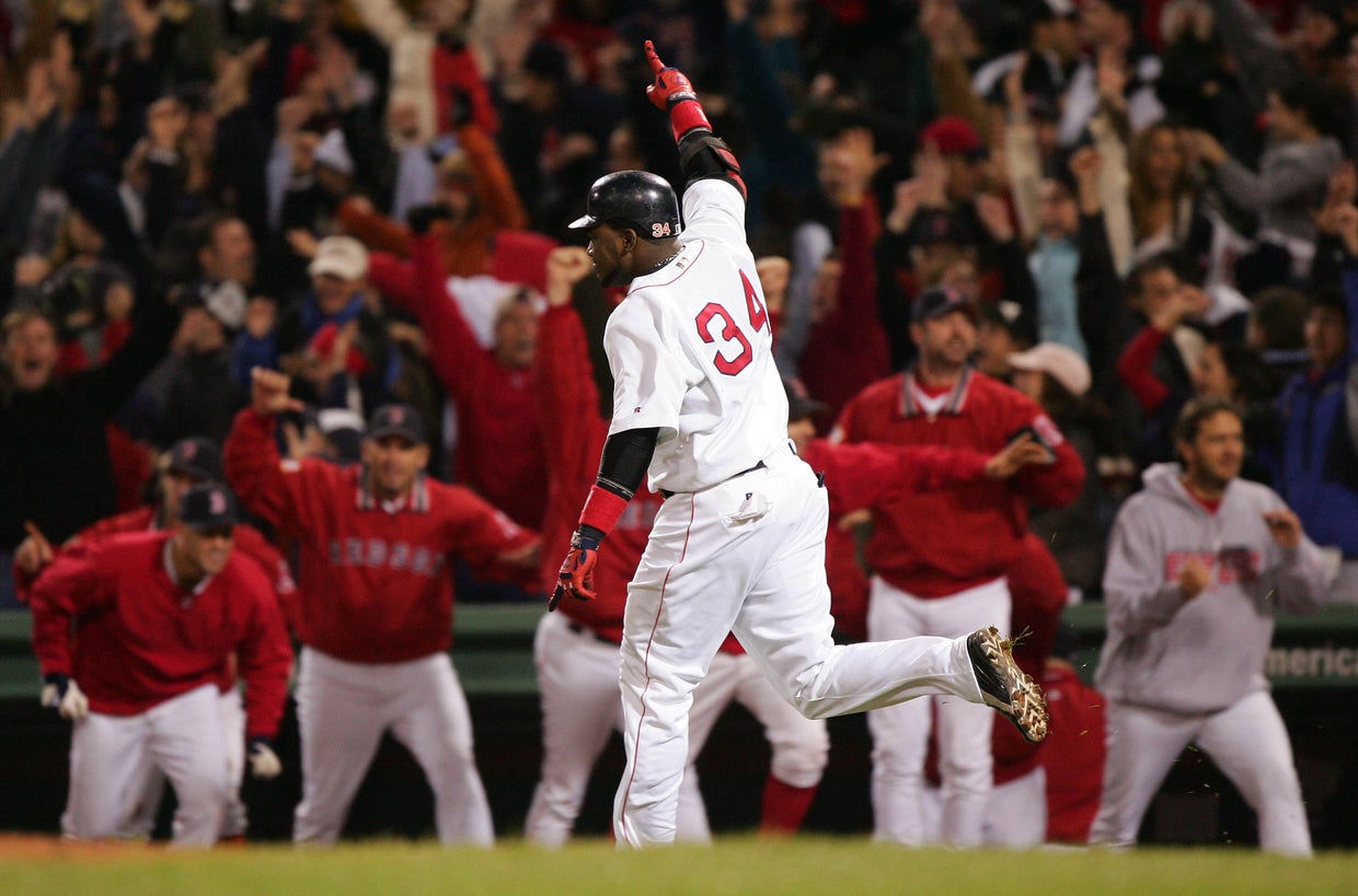 David Ortiz celebrates after hitting the game winning two-run home run 