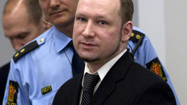 Self-confessed mass killer and right-wing extremist Anders Behring Breivik is seen at the central court in Oslo, Norway, April 19, 2012. 