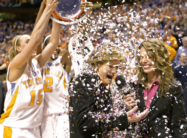 Pat Summitt has confetti dumped on her by players 