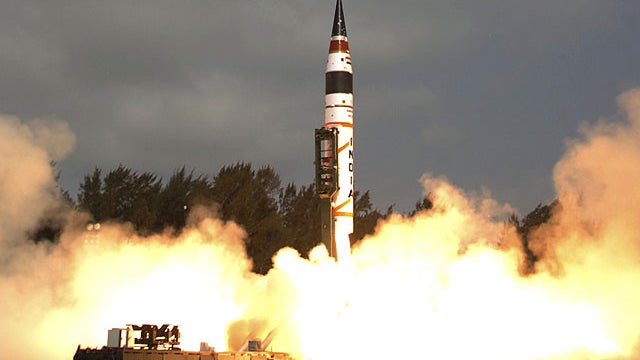 This photograph released by the Indian Ministry of Defense shows India&acirc;??s Agni-V missile, with a range of 3,100 miles, being launched from Wheeler Island off India's east coast, April 19, 2012.  