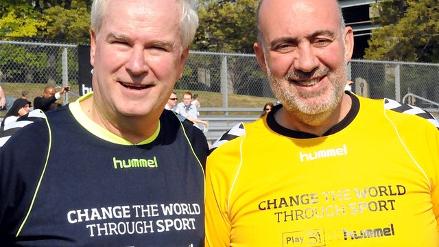 United Nations Ambassadors Sir Mark Lyall Grant, left, of Britain, and Ron Prosor, of Israel, are seen on Randall's Island in New York City April 21, 2012. 