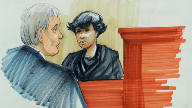 In this courtroom sketch, singer and actress Jennifer Hudson testifies Monday, April 23, 2012, in Chicago at the murder trial of William Balfour, charged in the October 2008 killings of her mother, brother and nephew. Looking on is Cook County Judge Charl 