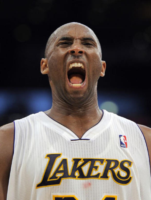 Kobe Bryant reacts in the closing seconds  