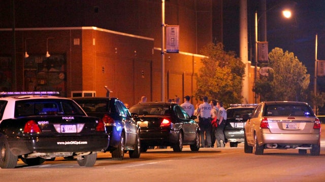 Police investigate a scene of shooting with multiple victims near Reno Avenue and Mickey Mantle Drive following the Oklahoma City vs. Los Angeles NBA playoff game early morning, Tuesday, May 22, 2012 in Oklahoma City. Oklahoma City police say at least eig 