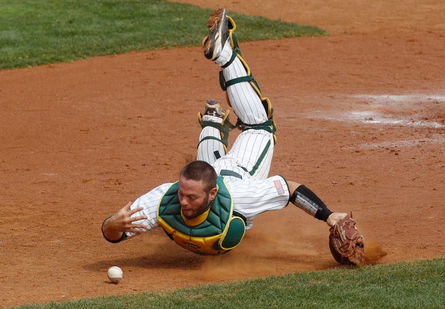 Baylor catcher Josh Ludy cannot catch a foul ball 
