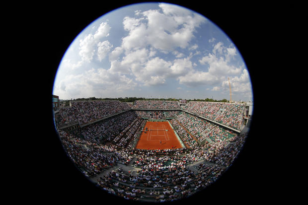 A fisheye view with a wide-angle lens shows center court Philippe Chatrier 