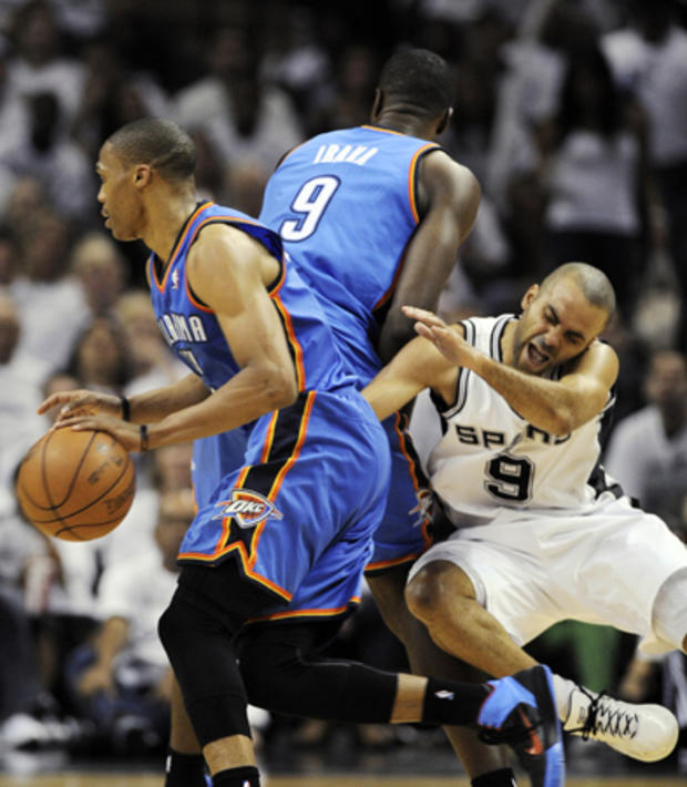Tony Parker is picked off by  Serge Ibaka 