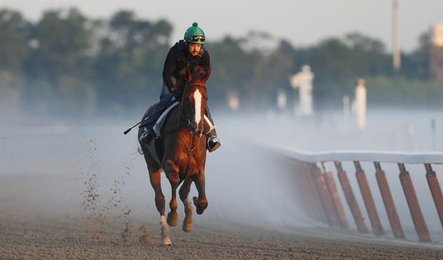 An exercise rider guides a horse through morning mist at Belmont Park 