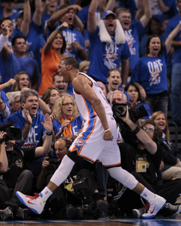 Russell Westbrook reacts against the Miami Heat  