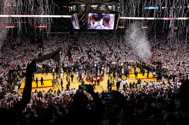 The Miami Heat celebrate with their fans 