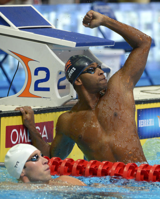 Cullen Jones reacts after winning the men's 50-meter freestyle final  