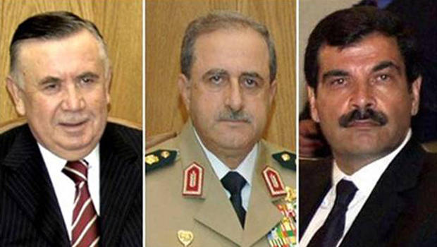 From right to left: Defense Minister General Dawood Abdullah Rajeh, Deputy Defense Minister General Asef Shawkat and head of the Crisis Cell and Assistant to Vice President Farouq al-Sharia, Major General Hassan al-Turkmani. 