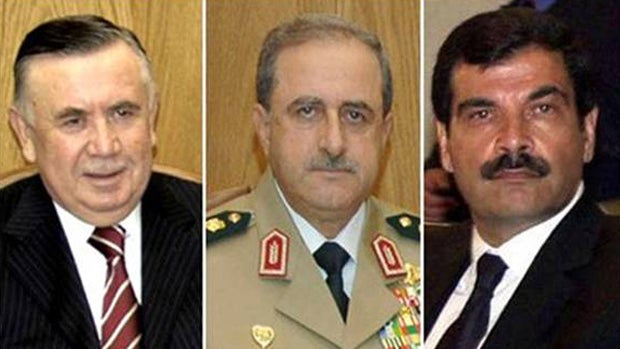 From right to left: Defense Minister General Dawood Abdullah Rajeh, Deputy Defense Minister General Asef Shawkat and head of the Crisis Cell and Assistant to Vice President Farouq al-Sharia, Major General Hassan al-Turkmani.  