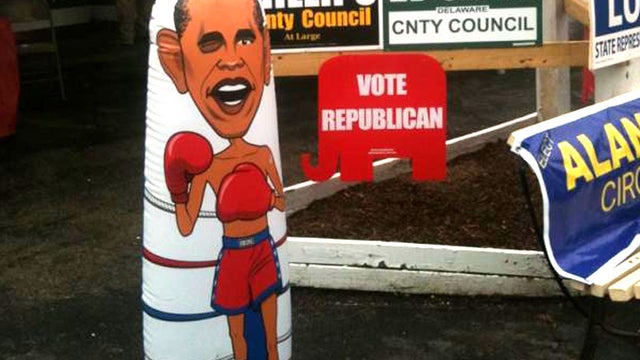 This punching bag depicting President Barack Obama was on display at the Republican tent Wednesday, July 18, 2012 at the Delaware County Fair in Muncie, Ind. The punching bag will not be displayed any longer after members of the public, including some the 