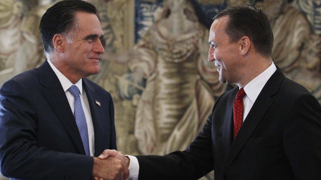 Republican presidential candidate and former Massachusetts Gov. Mitt Romney meets with Poland's Foreign Minister Radoslaw Sikorski in Warsaw, Poland, Tuesday, July 31, 2012.  