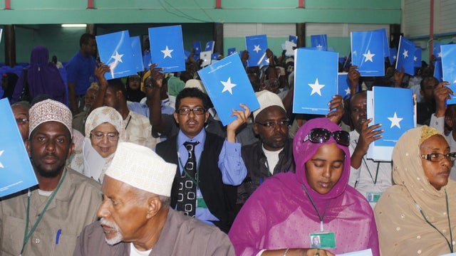 Somali delegates hold up a provisional constitution 
