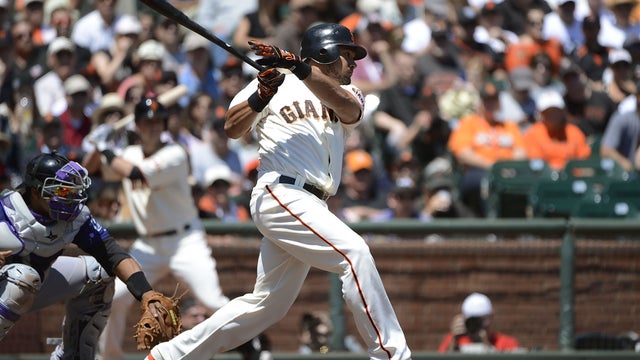 Melky Cabrera (53) of the San Francisco Giants hits a two-run single  