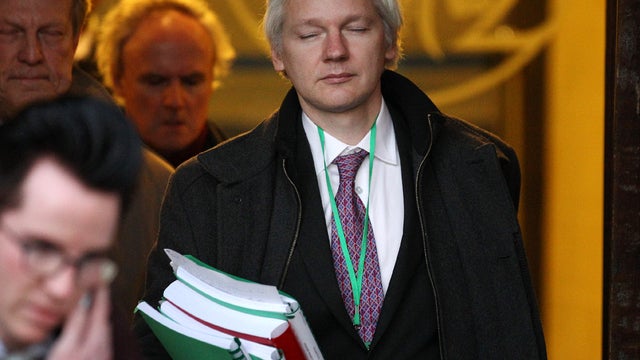 Julian Assange, the founder of the WikiLeaks whistleblowing website, leaves the Supreme Court Feb. 1, 2012, in London. 