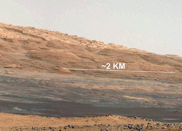 This image (cut out from a mosaic) shows the view from the landing site of NASA's Curiosity rover toward the lower reaches of Mount Sharp, where Curiosity is likely to begin its ascent through hundreds of feet (meters) of layered deposits. The lower sever 