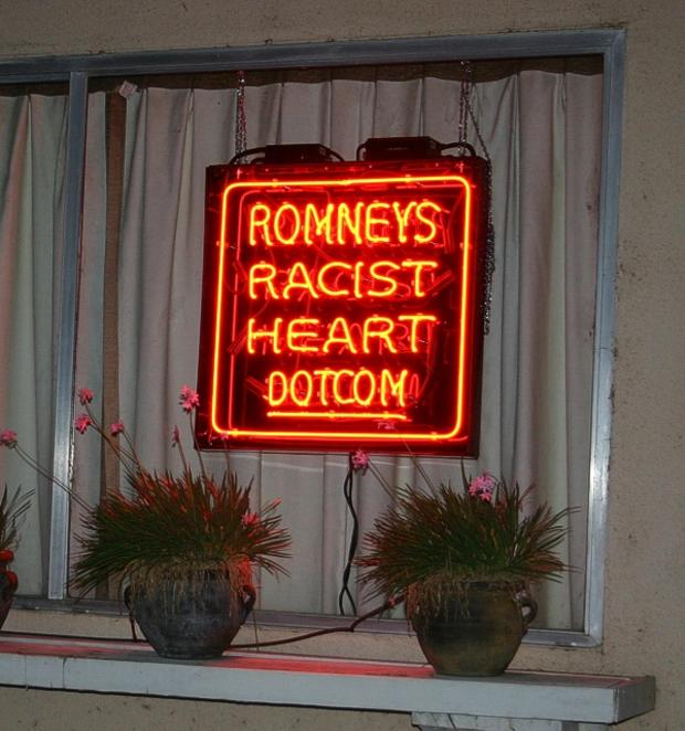 Romney's Racist Heart Neon Sign In Window 