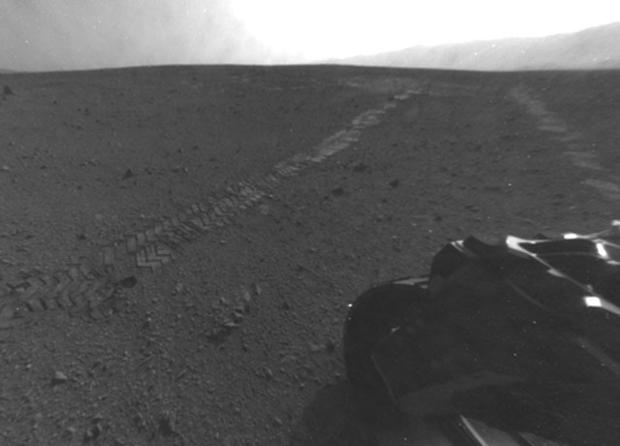This photo from NASA's Mars rover Curiosity was taken on Aug. 28, 2012, after the rover drove 52 feet (16 meters) to begin its weeks-long drive east to the first science target Glenelg. It's the rover's longest drive yet. 
