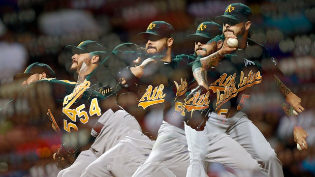 Oakland Athletics starting pitcher Travis Blackley delivers against the Cleveland Indians 