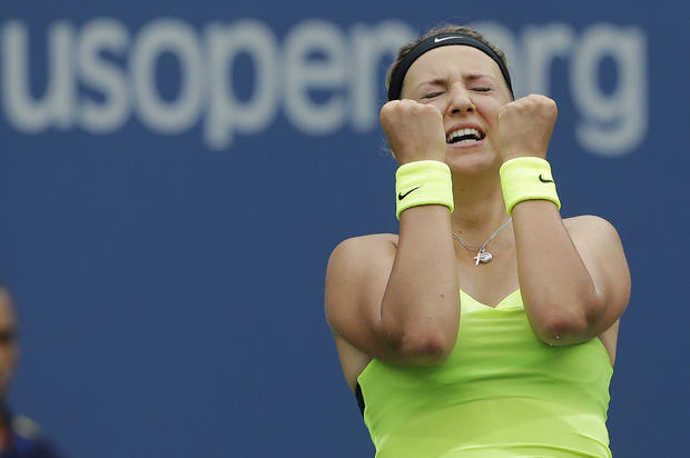 Victoria Azarenka reacts after winning her match against Samantha Stosur 