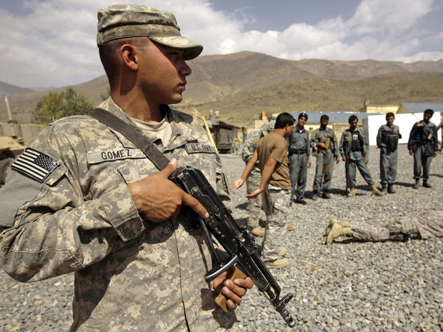 U.S. soldier stands guard during a training session for Afghan National Police 