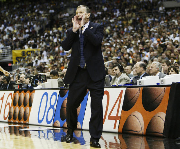 Jim Calhoun of the UConn Huskies shouts out to his team 