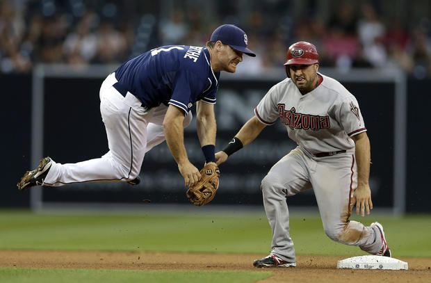 Logan Forsythe leaps after missing a double play attempt 