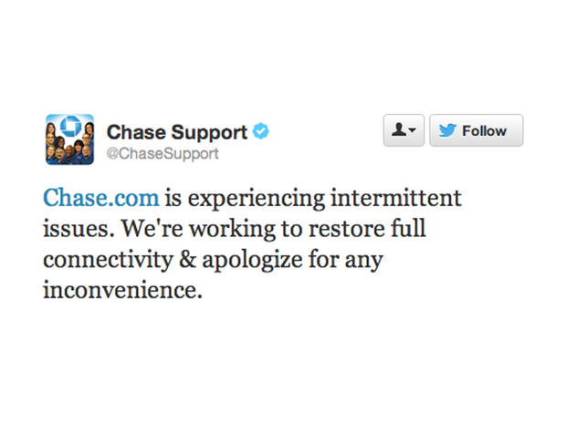 The Chase Twitter account earlier today described the problems as "intermittent issues." 
