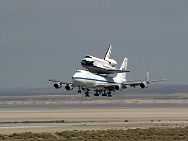 NASA's Shuttle Carrier Aircraft, with Space Shuttle Endeavour bolted on top, lands in California after a three day farewell tour. 
