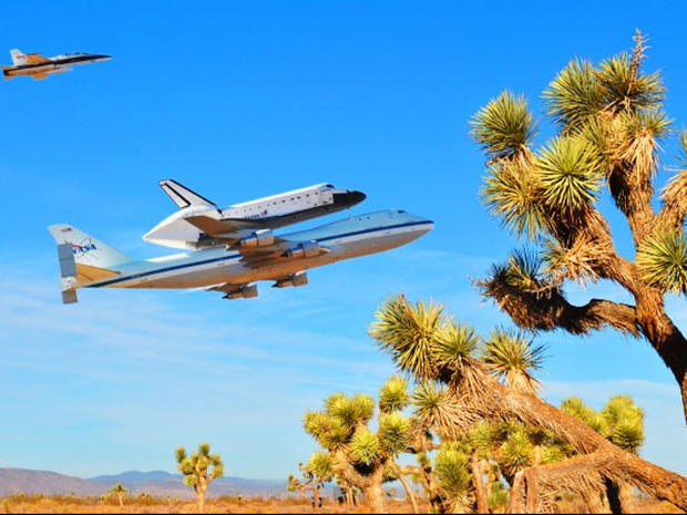 Space Shuttle Endeavour, strapped to the back of NASA's Shuttle Carrier Aircraft, flies low over the California dessert on Sept. 21, 2012. 