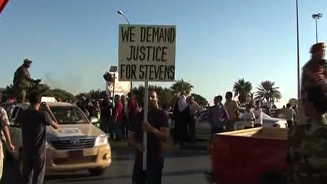 Libyan women protest against Ansar al-Shariah Brigades and other Islamic militias in front of the Tebesty Hotel in Benghazi, Libya, Sept. 21, 2012. 