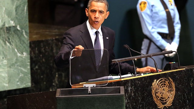 U.S. President Barack Obama addresses world leaders at the United Nations General Assembly on September 25, 2012 in New York City. 