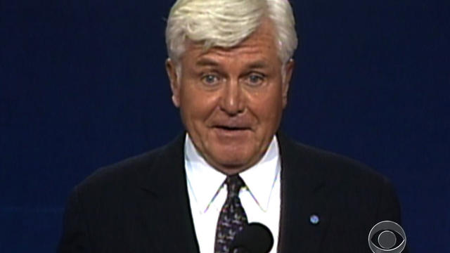 Admiral William Stockdale stumbles during a vice presidential debate against Ross Perot in 1992. 