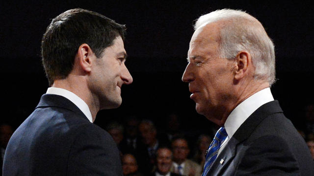 Vice President Joe Biden and Republican vice presidential nominee Paul Ryan of Wisconsin shake hands before the vice presidential debate at Centre College, Thursday, Oct. 11, 2012, in Danville, Ky. 