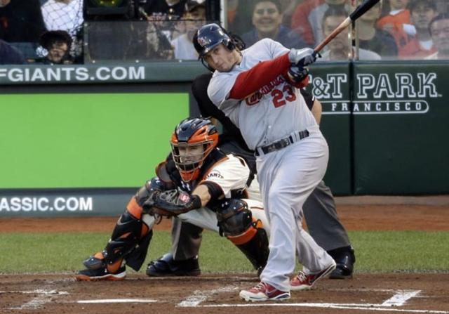 San Francisco Giants' Pablo Sandoval, right, celebrates his two-run home  run next to St. Louis Cardinals catcher Matt Wieters during the seventh  inning of a baseball game in San Francisco, Saturday, July