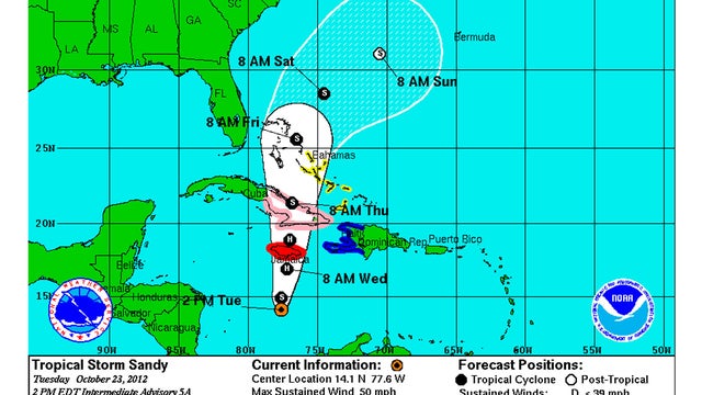 This map shows the pathway of Tropical Storm Sandy as of October 22, 2012. 