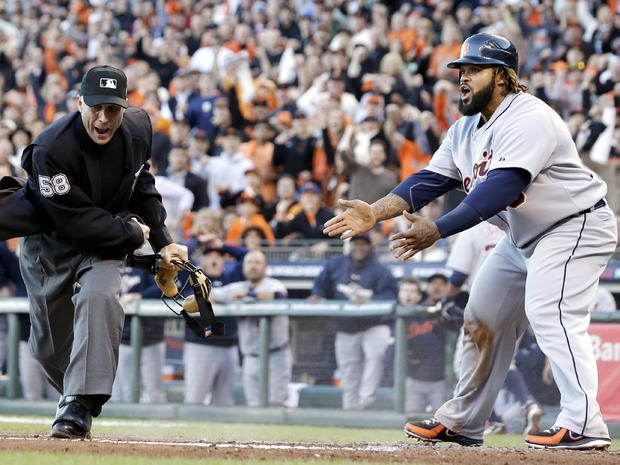 Detroit Tigers' Prince Fielder reacts as home plate umpire Dan Iassogna calls him out on a play at the plate during the second inning of Game 2 of the World Series against the San Francisco Giants Oct. 25, 2012, in San Francisco. 