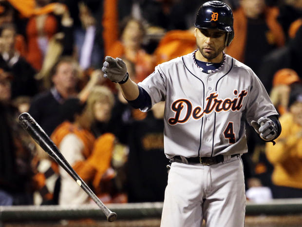 Detroit Tigers' Omar Infante reacts after striking out during the sixth inning of Game 2 of the World Series against the San Francisco Giants Oct. 25, 2012, in San Francisco. 