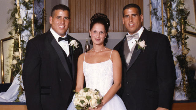 Adam and Lina Kaufman on their wedding day, with Adam's twin brother, Seth. 