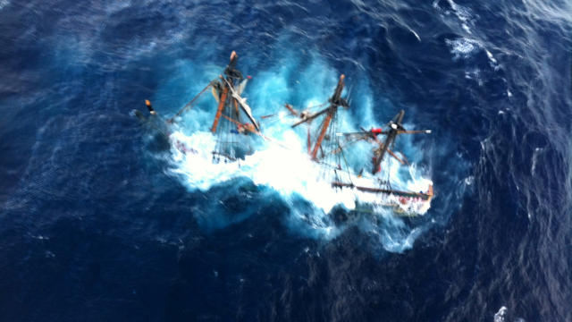 The HMS Bounty, a 180-foot sailboat, is seen submerged in the Atlantic Ocean during Hurricane Sandy approximately 90 miles southeast of Hatteras, N.C., Oct. 29, 2012, in this picture provided by the U.S. Coast Guard. 