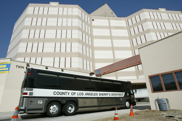 A Los Angeles County Sheriff's Department prisoner transport bus pulls into the Twin Towers Correctional Facility 