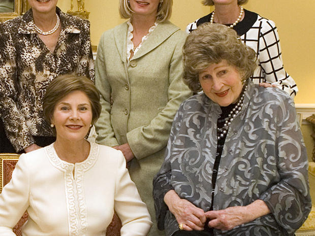 First Lady Laura Bush, left, and Letitia Baldrige at the White House on Oct. 9, 2007,  during a tea in honor of the social secretary during the Kennedy administration. 