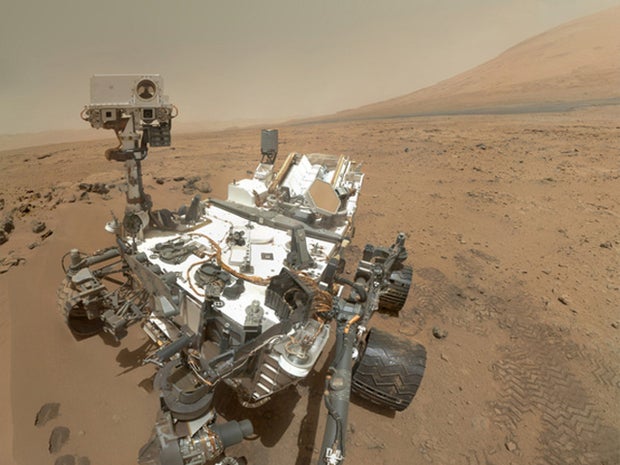 NASA's Mars rover Curiosity used its Mars Hand Lens Imager (MAHLI) to snap a set of 55 high-resolution images on Oct. 31, 2012. Researchers stitched the pictures together to create this full-color self-portrait. 
